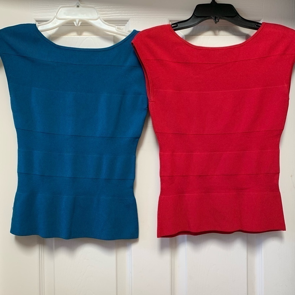 Two body-con sleeveless stretchy shell tops red teal texture stripe minimalist